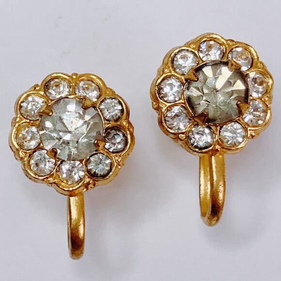 Vintage Coro Signed 1940s Rhinestone Screw Back Earrings Mid Century Gold Tone - Picture 6 of 14